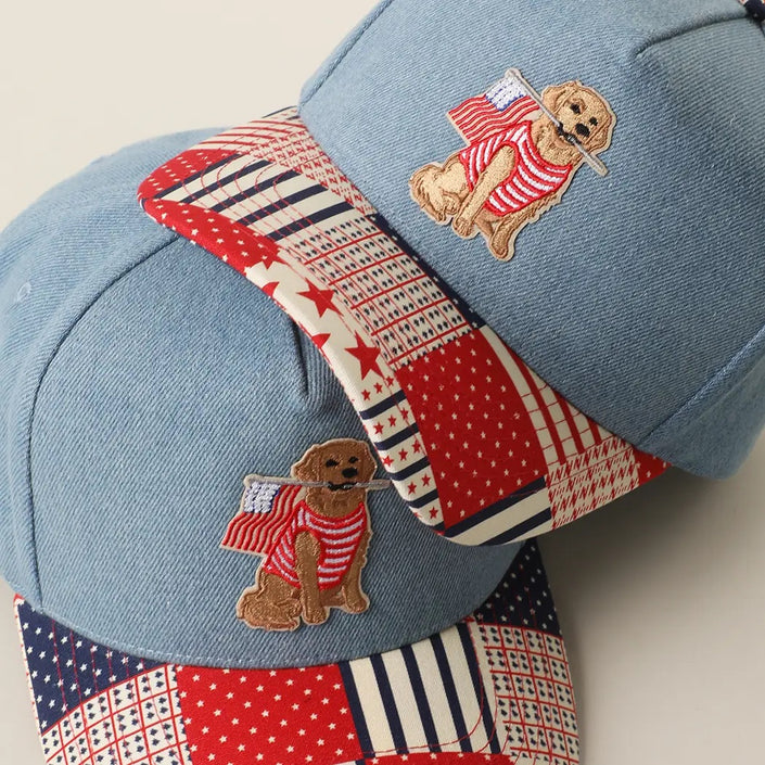 Dog Holding USA Flag EMB Patch Hat Denim-detail