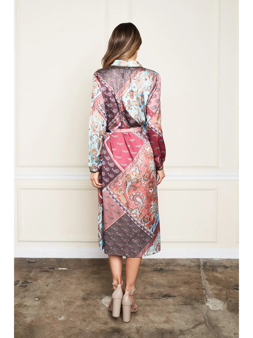 Patchwork Satin Print Shirt Dress