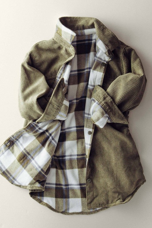 Reversable Corduroy and Plaid Flannel Shacket w/Chest Pockets