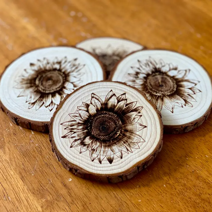 Engraved Wood Coasters | Sunflower grouping