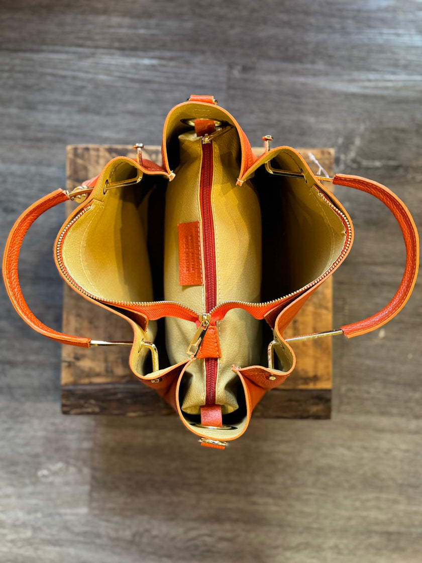 Modarno Women's Bucket Bag in Genuine Leather + Inner Bag | Orange top inside