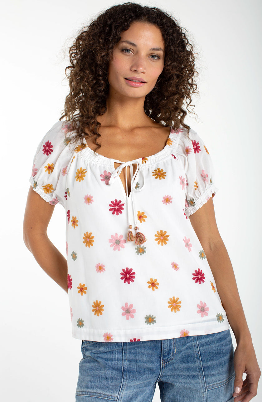 short sleeve tie neck woven top