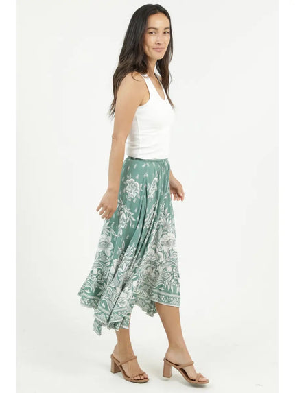 Printed A Line Hanky Hem Midi Skirt Green