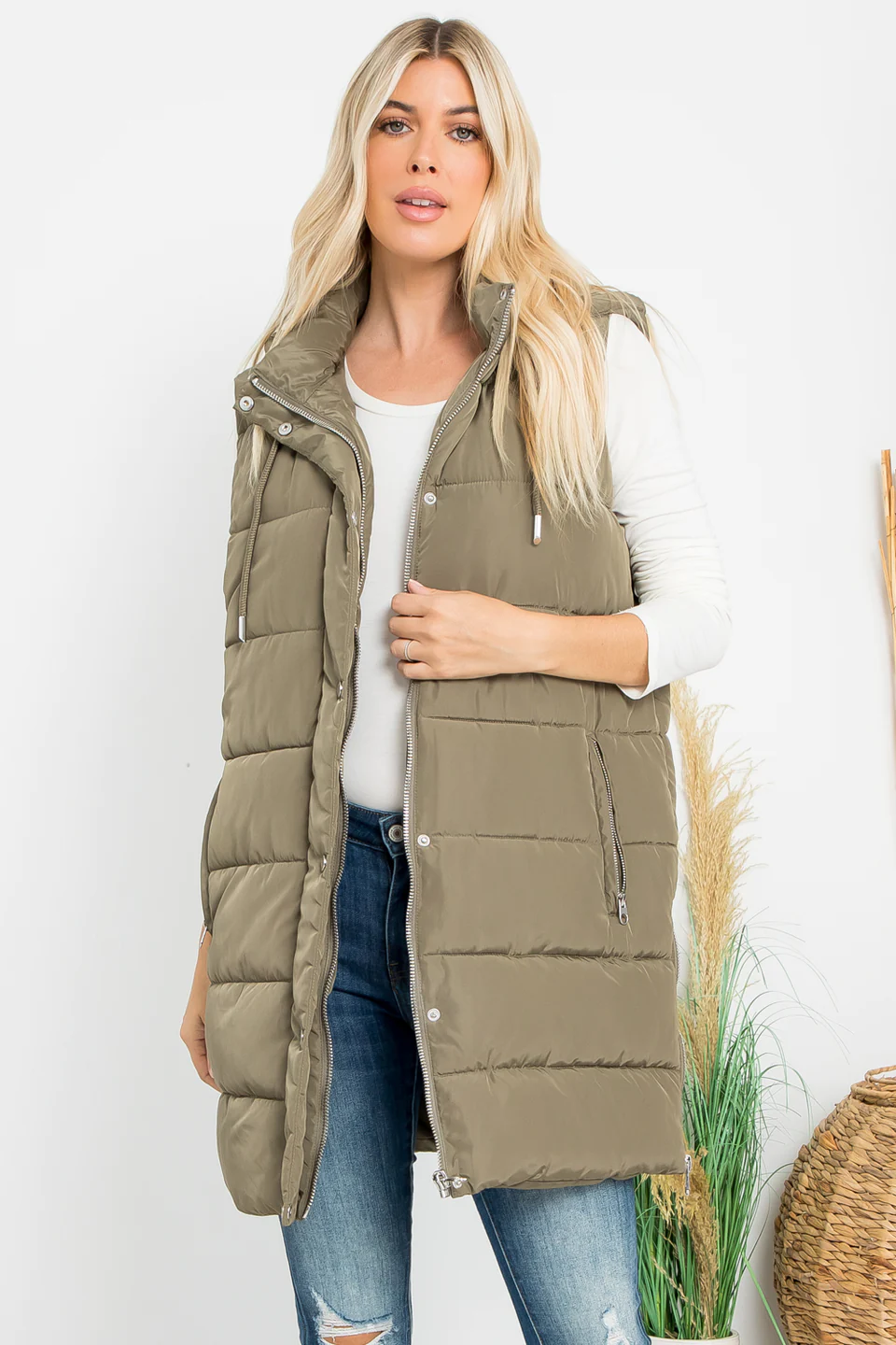 River Long Hoodie Puffer Vest W Hood | Olive