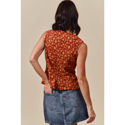Slim Fit Button Front Floral Corduroy Vest