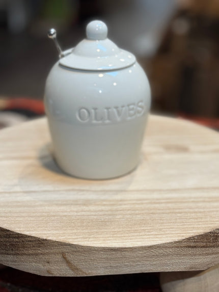 Stoneware Olive Jar w/Metal Spoon with spoon in