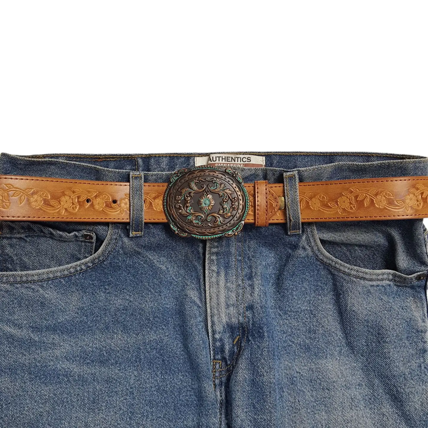 Western Brass Buckle W Vintage Floral Tooled Belt -Tan styled
