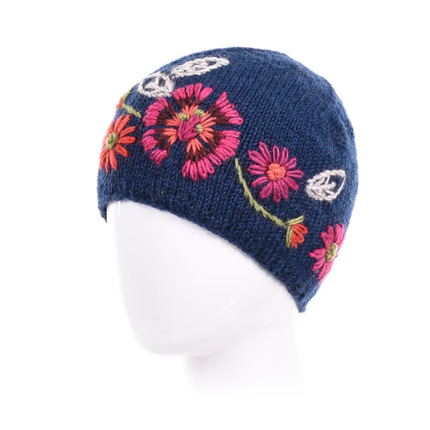 Stella Wool Beanie W EMB Flower | Navy
