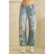 Distressed Embroidered Straight Wide Leg