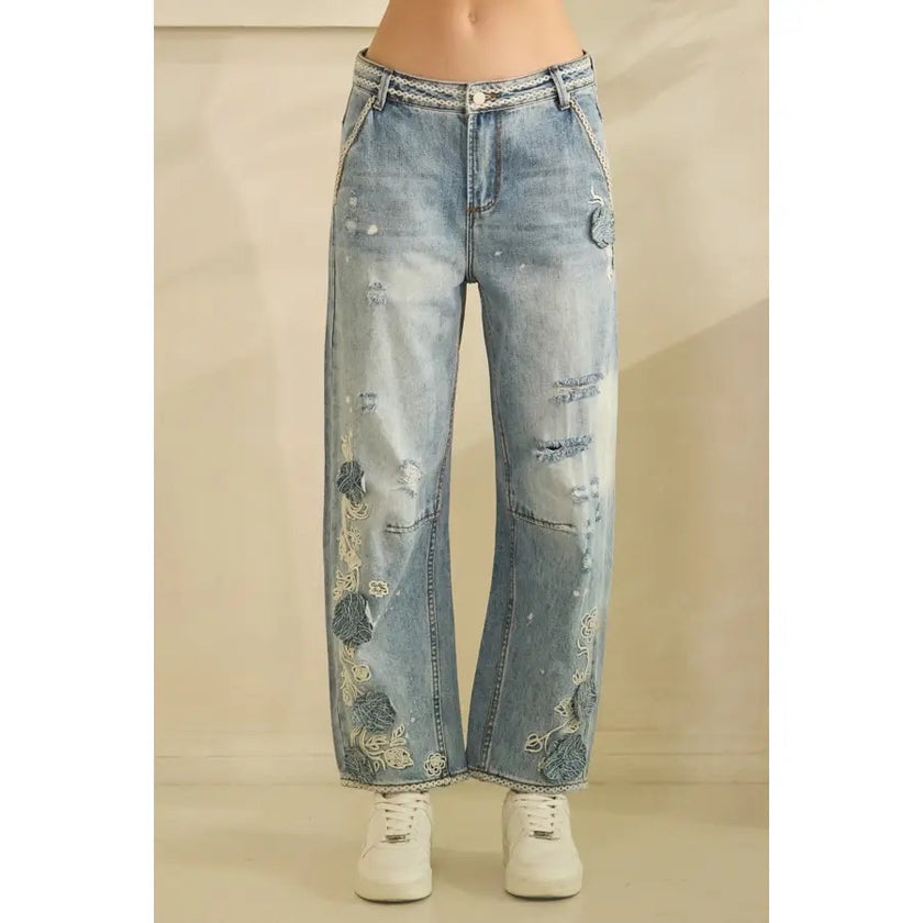 Distressed Embroidered Straight Wide Leg
