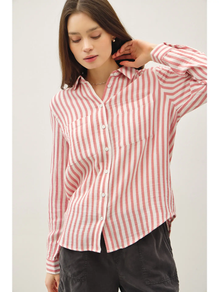 STRIPED COTTON GAUZE BUTTON UP TOP