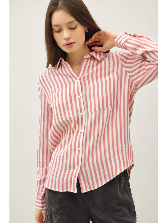 STRIPED COTTON GAUZE BUTTON UP TOP