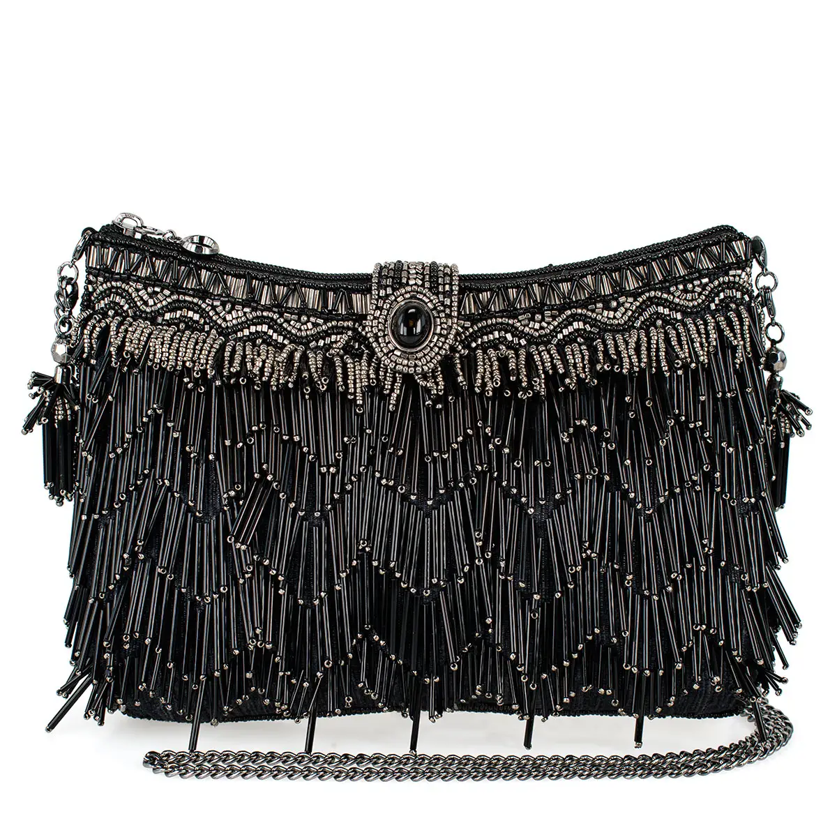 Shimmy, Black Fringe Beaded Crossbody Handbag front