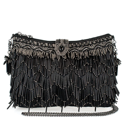 Shimmy, Black Fringe Beaded Crossbody Handbag front