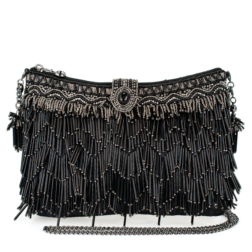 Shimmy, Black Fringe Beaded Crossbody Handbag front