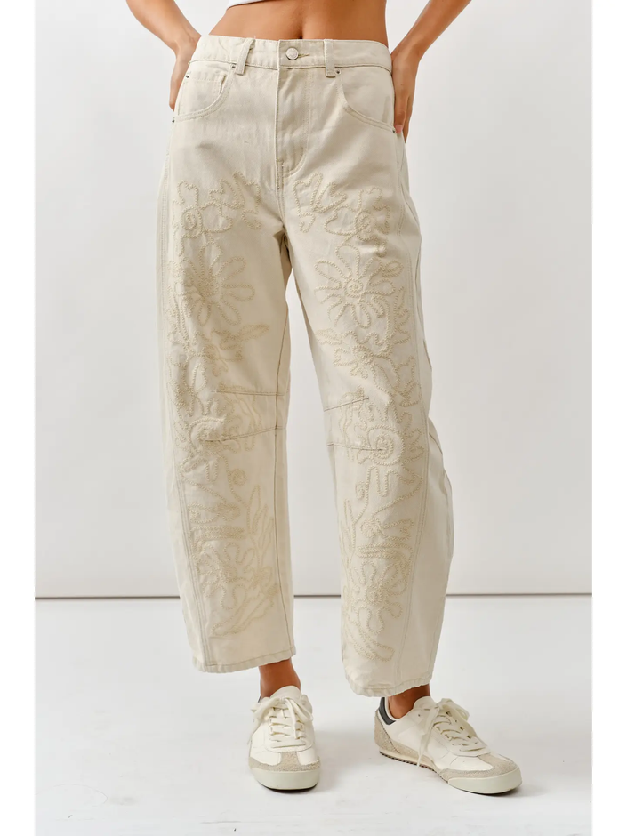 EMBROIDERED DETAIL COTTON BARREL PANTS front