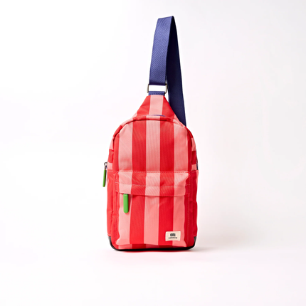 Willesden B Large Sustainable Scooter Bag | Circus Print, red pink stripe/blue strap-front