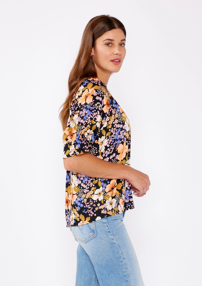 Split V-Neck Smocked Sleeve Top Black/Dusty Coral side