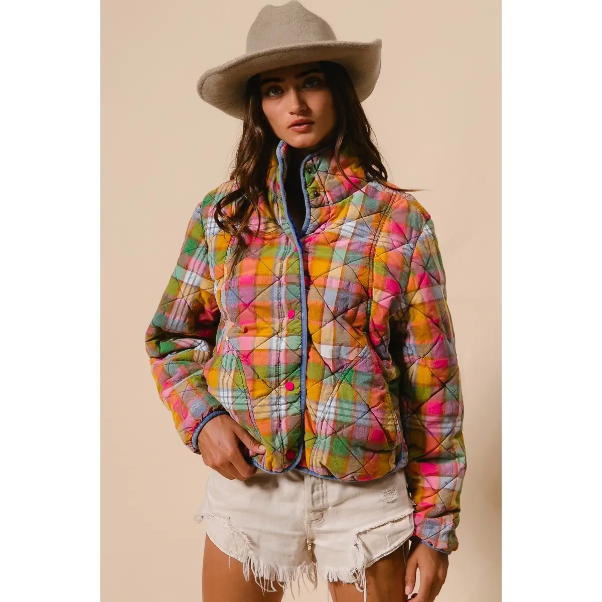 Bleached Vintage Plaid Quilted Jacket with Pockets