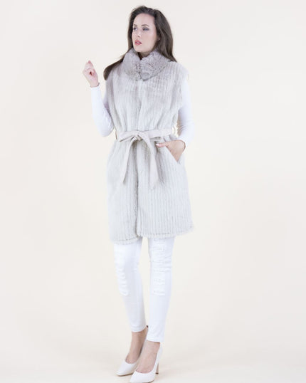 Vertical Ribbed Faux Fur Belted Vest beige