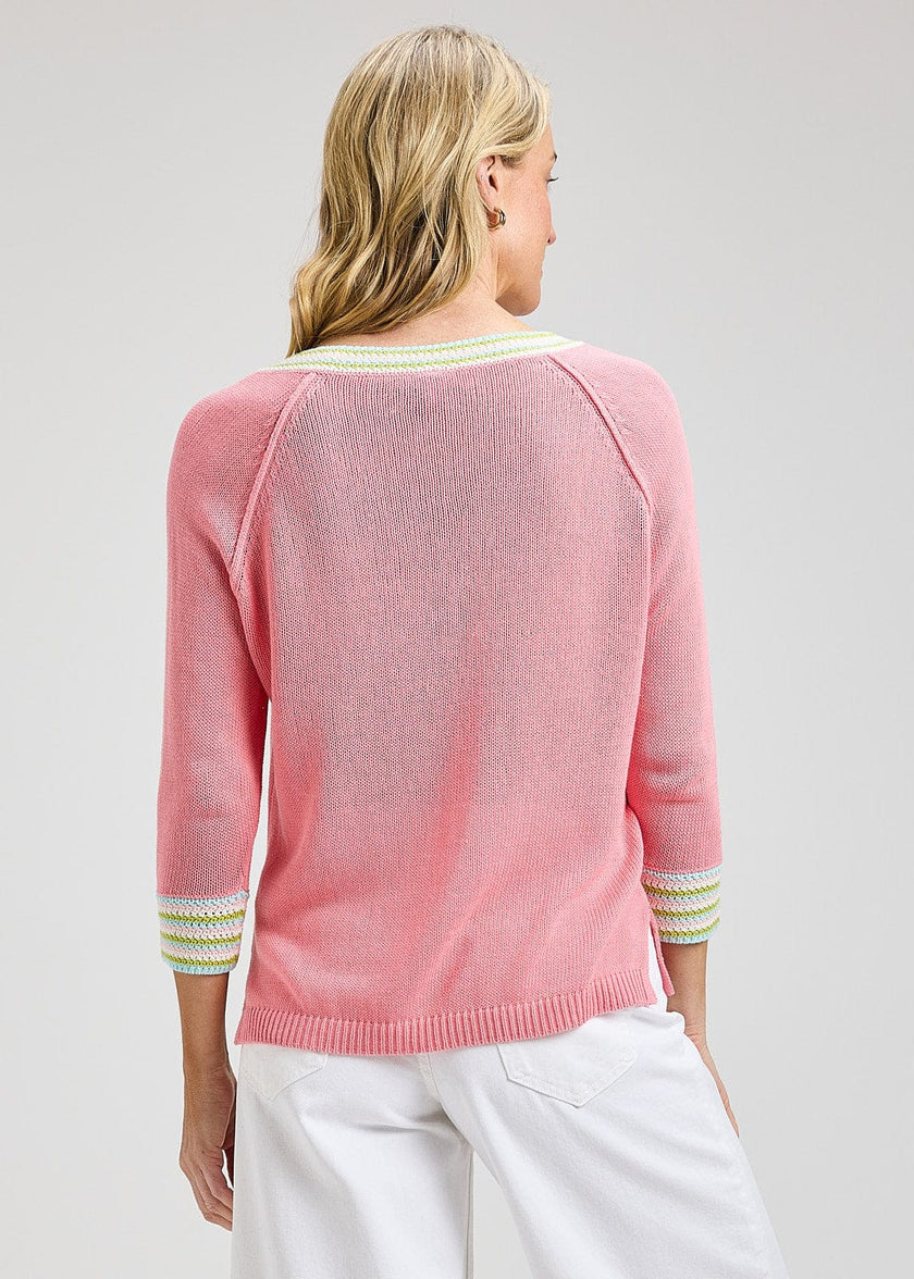 Jackie  Contrast Trim VNeck Sweater, blossom-back