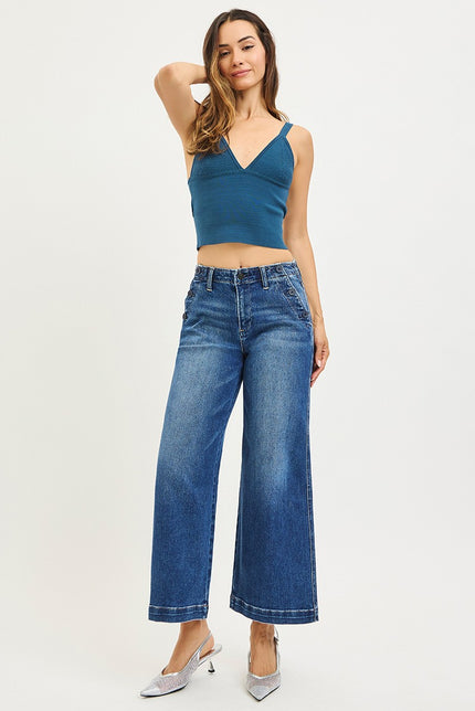 Dark Mid Rise Cropped Wide Leg Jean