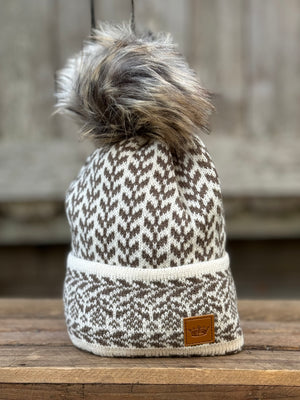 Beige & Taupe Patterned Pom Hat