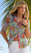 Citrus Floral Vintage Blue Button Down Shirt, vintage blue floral-front