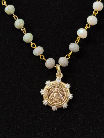 Grey & Cream Beaded Necklace with Bee Pendant nw 24 72