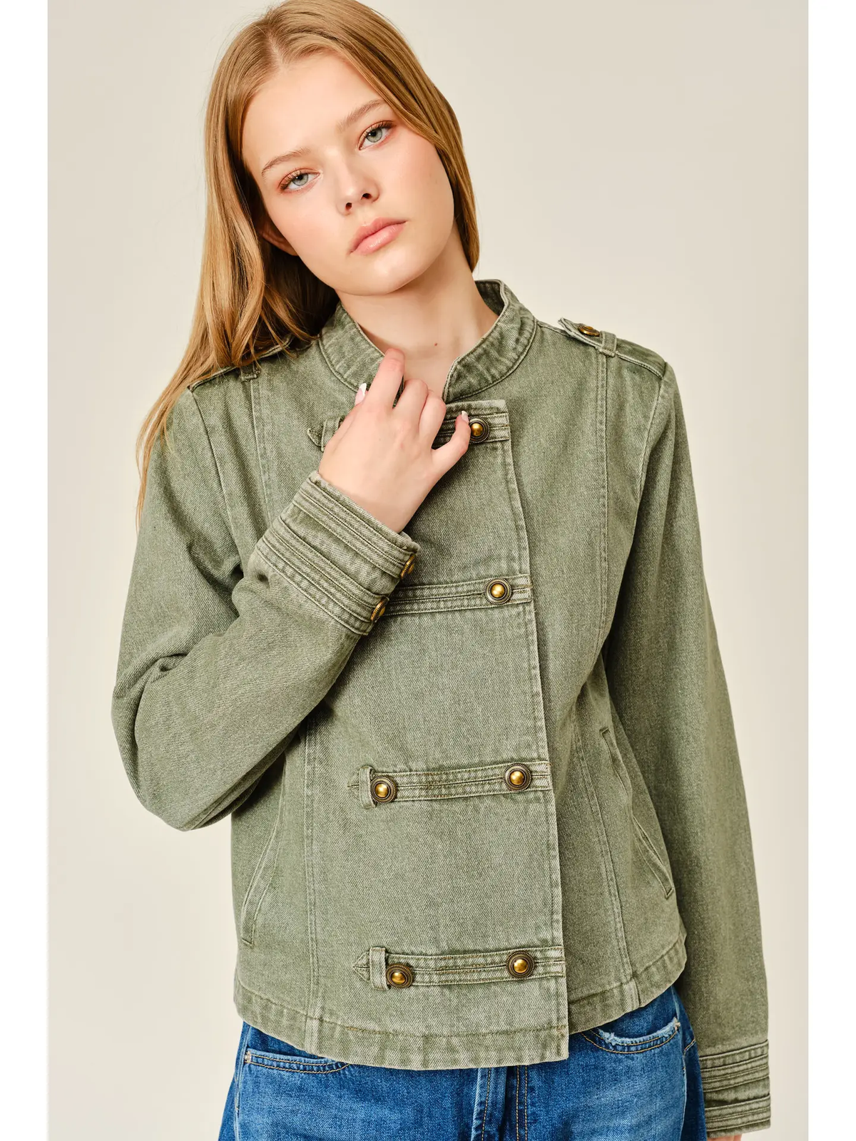 Military Double Button Denim Jacket washed olive front