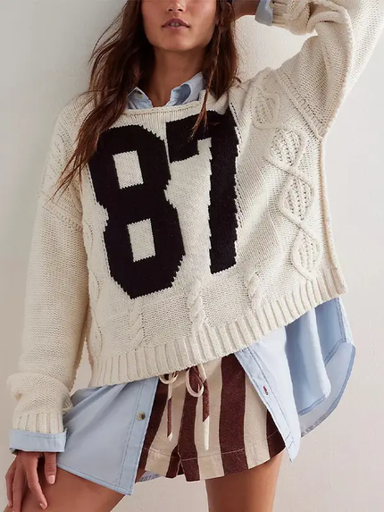 Casual Colorblock Knit Sweater with Number Print white