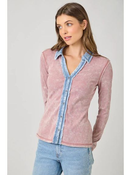 WASHED RIB THERMAL BUTTON DOWN TOP