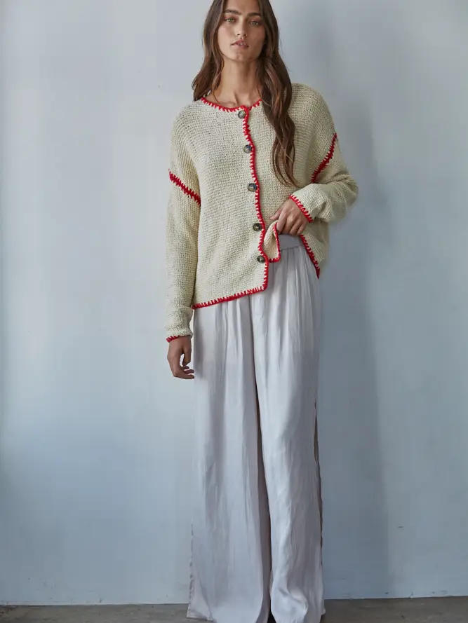 Knit Sweater Cotton Viscose Button Down Round Neck Long Sleeve Cardigan Top With Stitch Detail styed