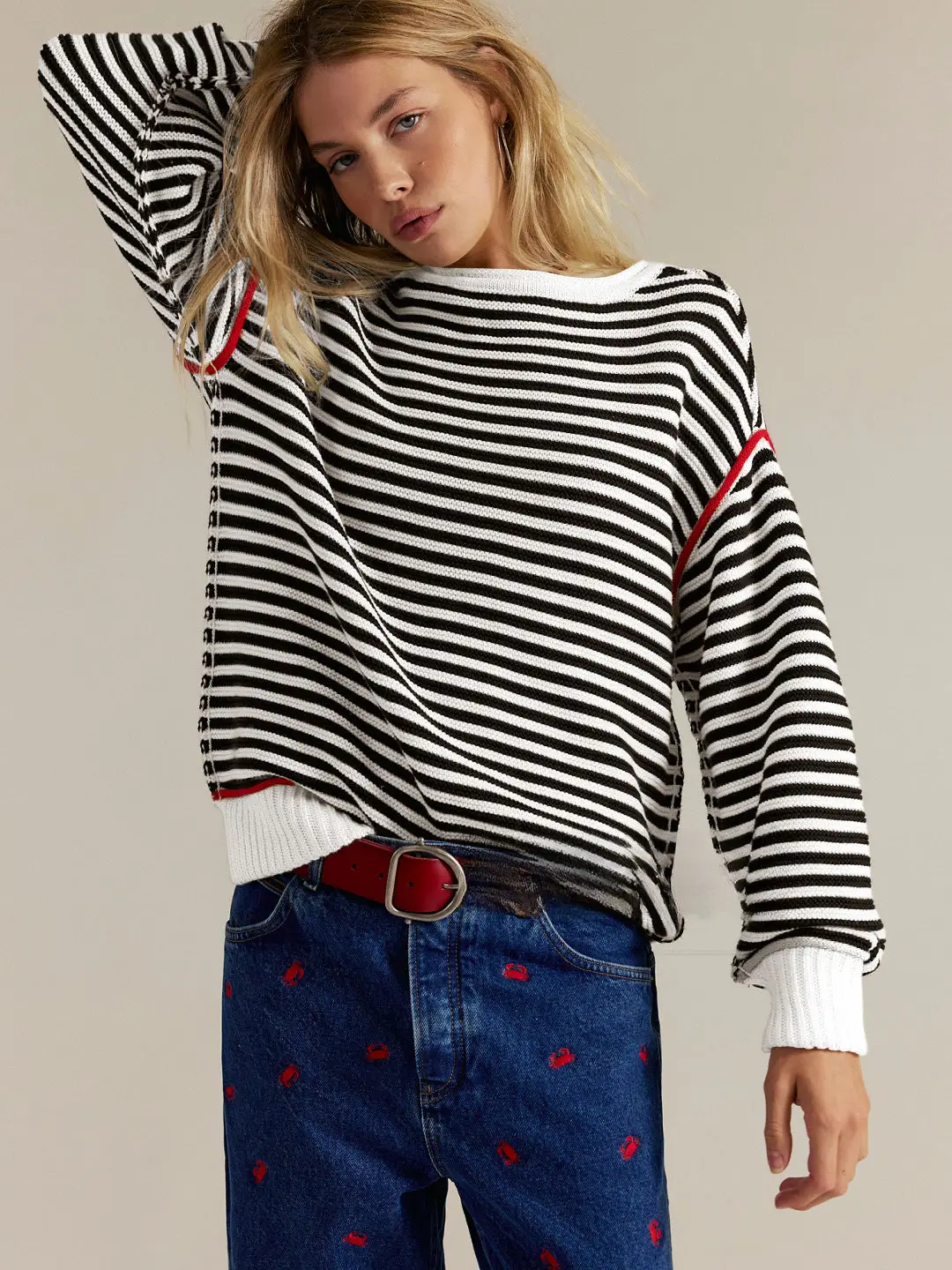 Striped Crewneck Knit Sweater | Loose Fit Pullover Top