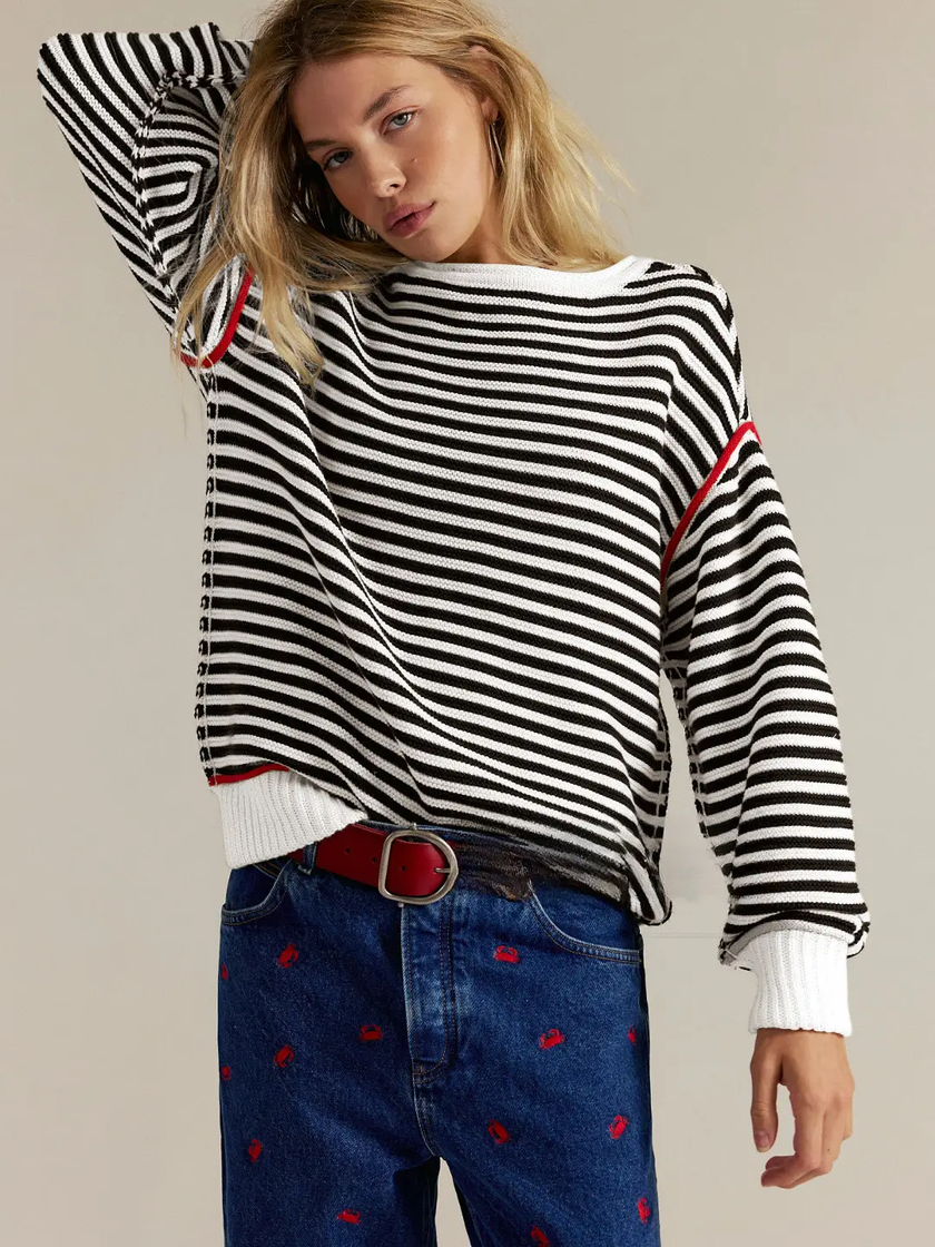 Striped Crewneck Knit Sweater | Loose Fit Pullover Top white front