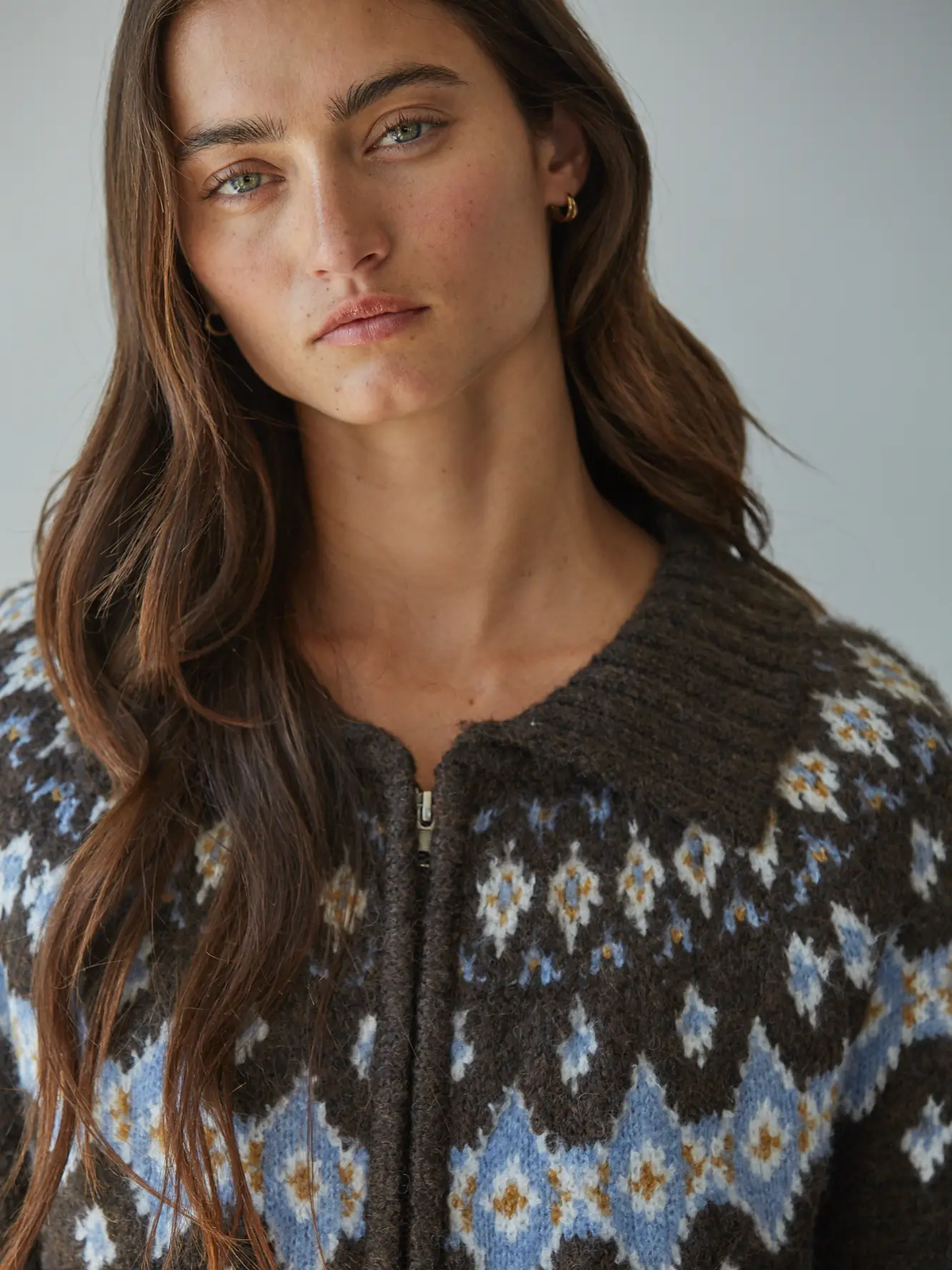 Knit Sweater Fair Isle Zip-Up Collar Neck Cardigan