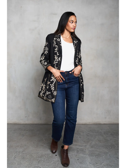 HEAVY TWILL COAT W/ SCROLL FLORAL EMB