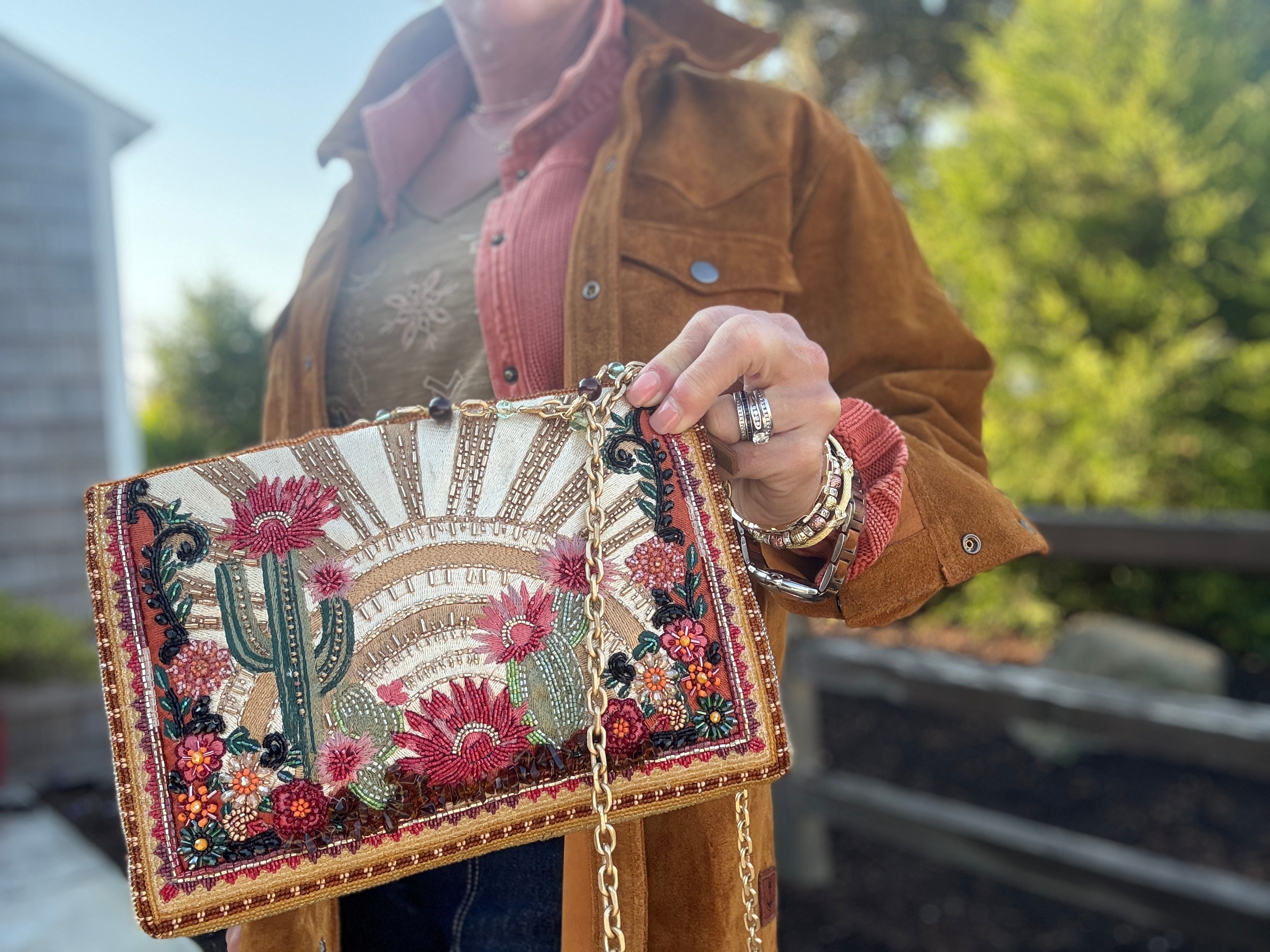 Desert Sunrise Beaded Cactus and Floral Crossbody Handbag front with shoulder strap