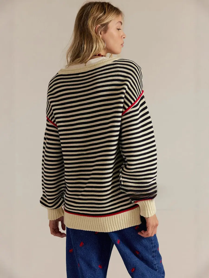 Striped Crewneck Knit Sweater | Loose Fit Pullover Top apricot back