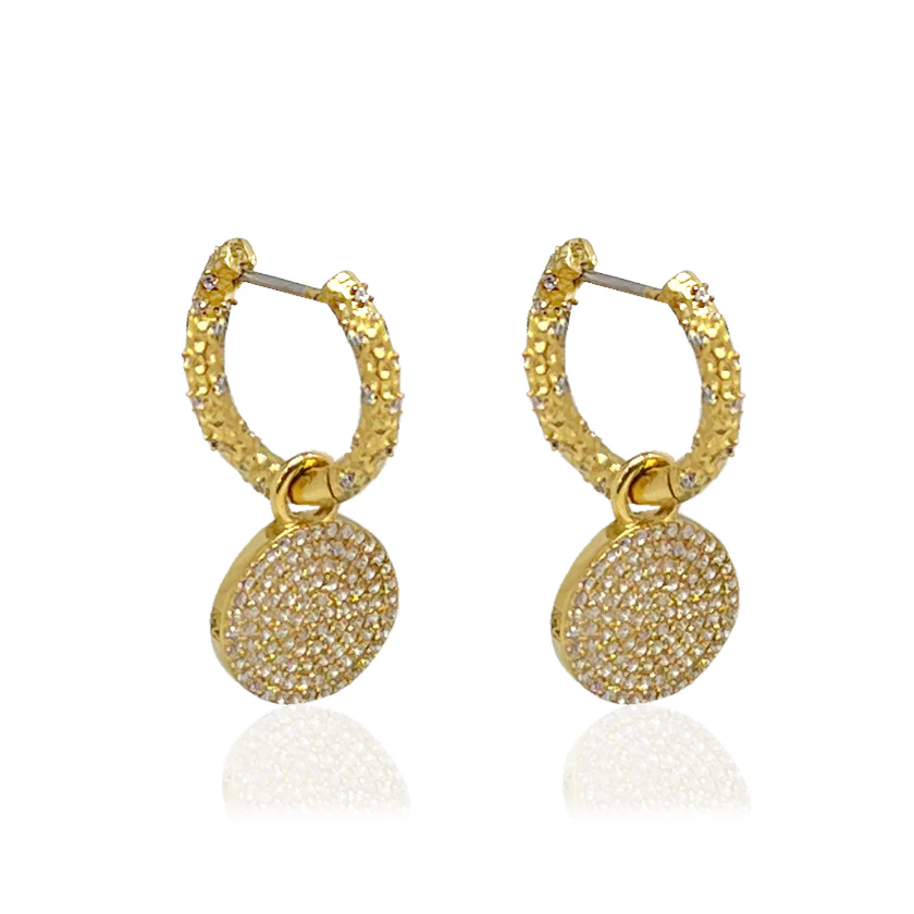 E277-GLD-PAV/CLR GOLD CRYSTAL HUGGIES WITH SLIDE ON PAVE DISC