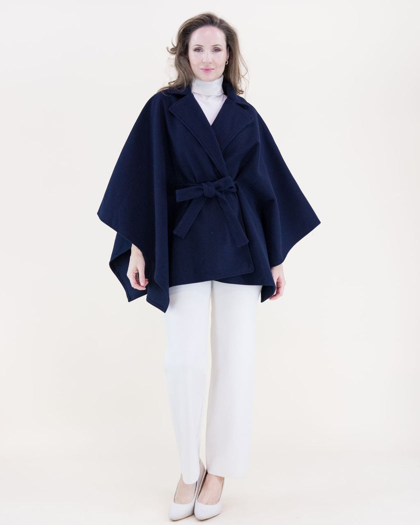 Notched Lapel Belted Tailored Cape navy