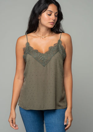 Andre Textured Lace Trim V Neck Camisole Olive
