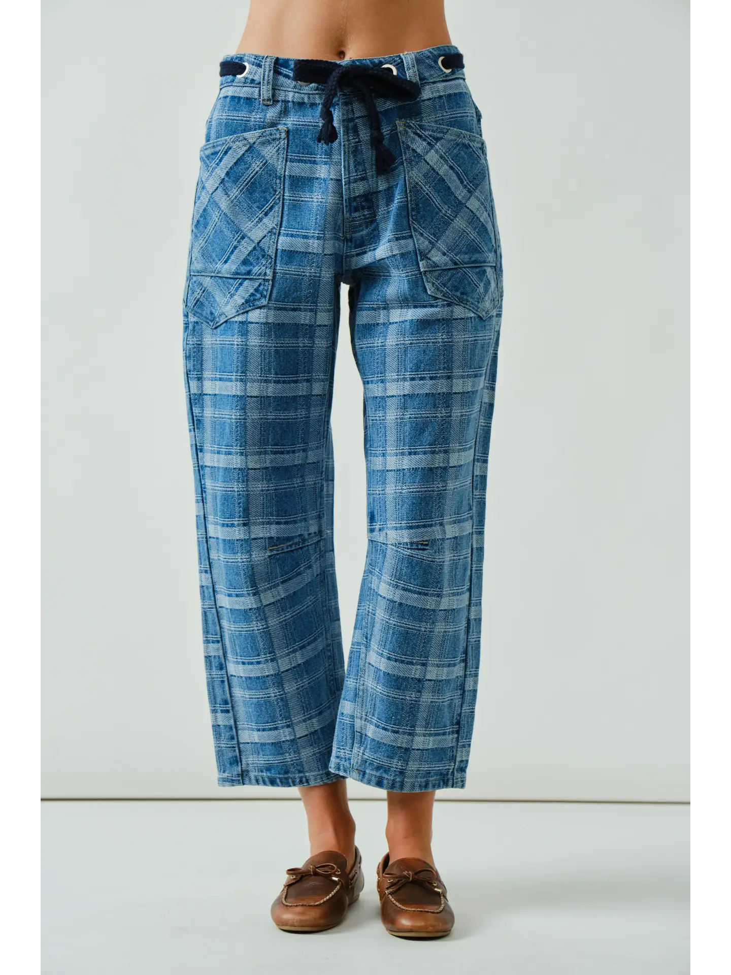 Plaid Semi Barrel Jeans W Belt front