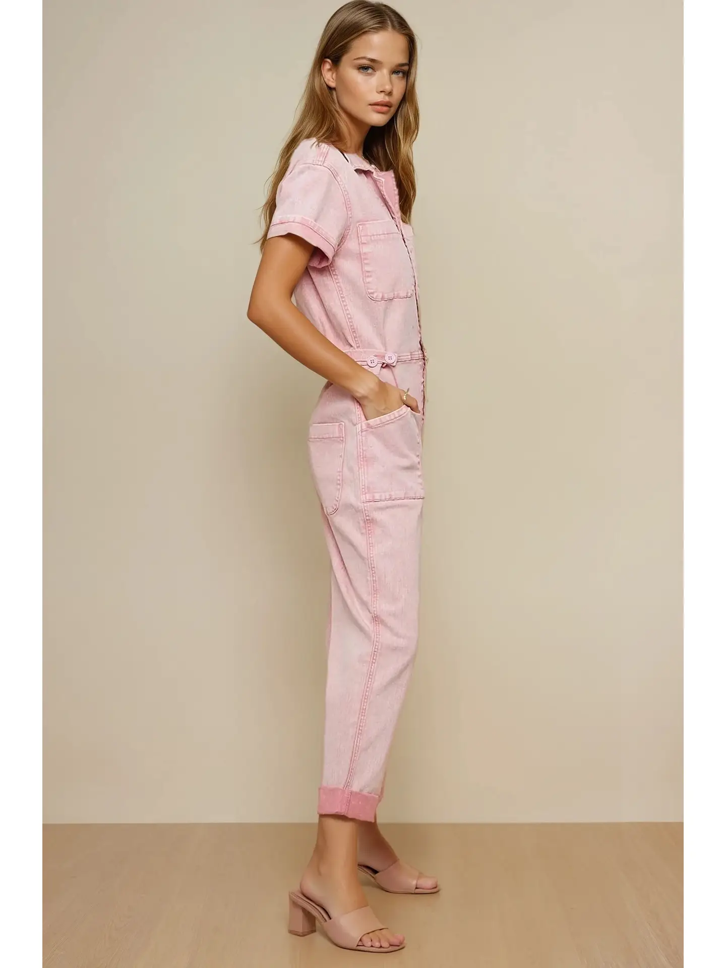 Acid Washed Denim Utility Jumpsuit,rose-side