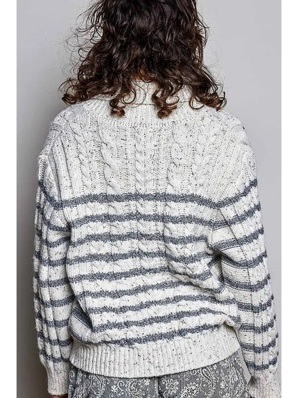 Striped Cable Knit Shawl Collar Button Down Cardigan One Size