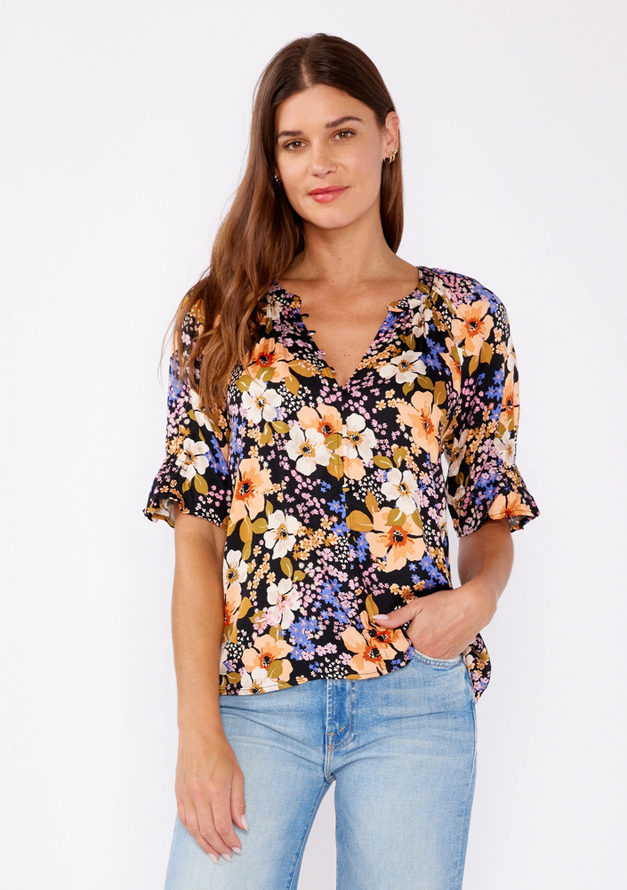 Split V-Neck Smocked Sleeve Top Black/Dusty Coral front