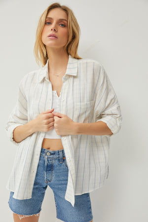 Celeste Cotton Gauze Striped Shirt Ivory/Chambray front model