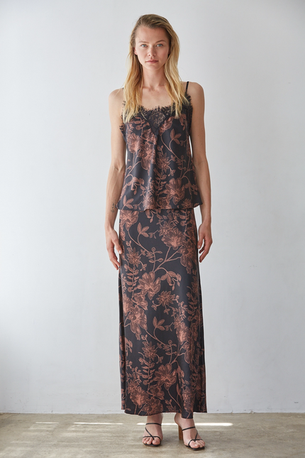 Woven Polyester Floral Print Maxi Skirt