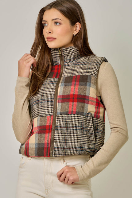 Janet Mixed Puffer Vest, brown-front