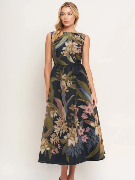 A Printed Woven Midi Dress, black-front
